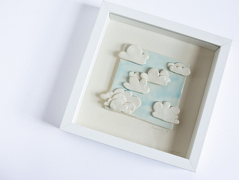 SALE 50%, ceramic wall art, pastel blue sky and white clouds, minimalist, modern, simple, neutral wall decor. Home decor by karoArt ceramics