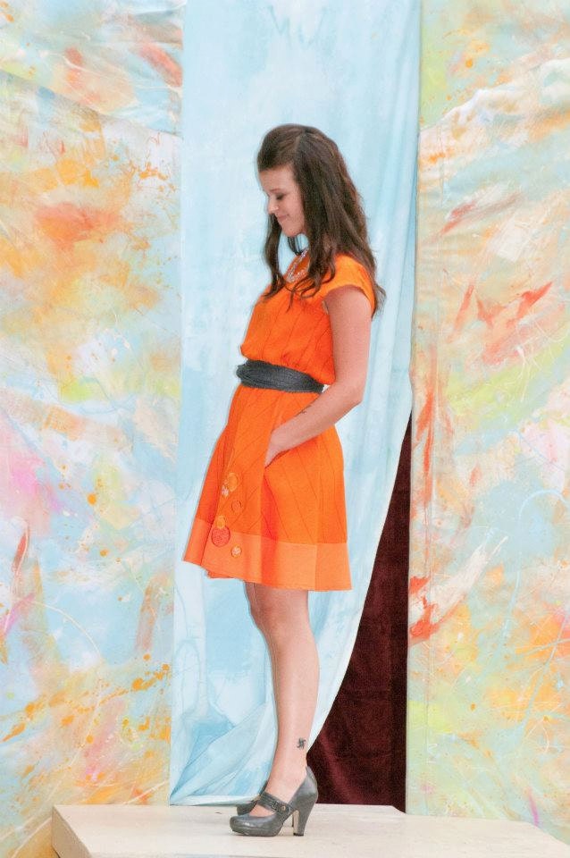 RUNWAY WINNER handmade 'Tangerine Circles' sheath dress, Israeli striped silk, side seam pockets