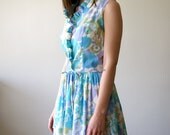 Vintage Spring Dress. Blue Floral Frock. 60s Sleeveless Dress. Women's Medium.