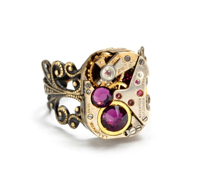 Steampunk Ring Steam Punk Jewelry Vintage Watch Ring February Amethyst Purple Antique Brass Ring Steampunk Jewelry By Victorian Curiosities
