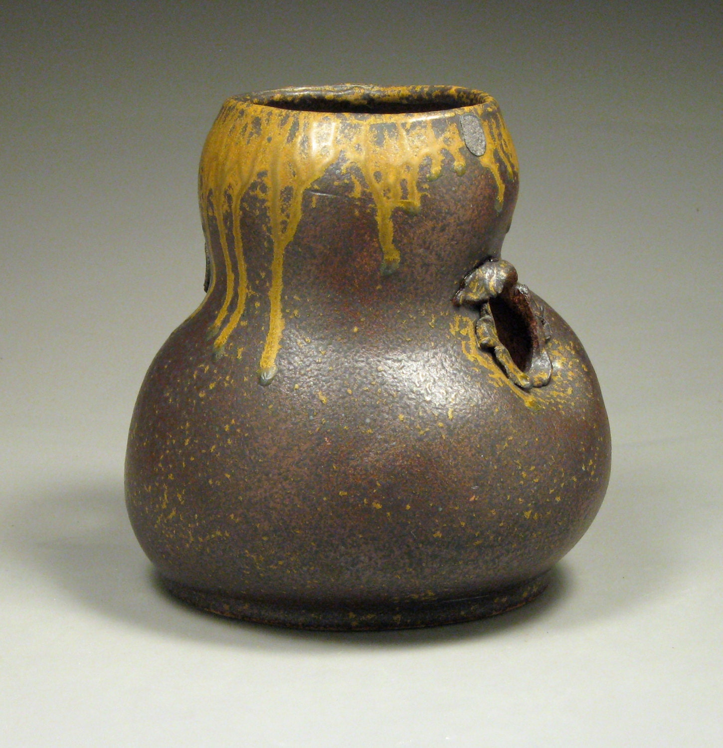 Black and Gold Stoneware Freestyle Vase with Two Openings
