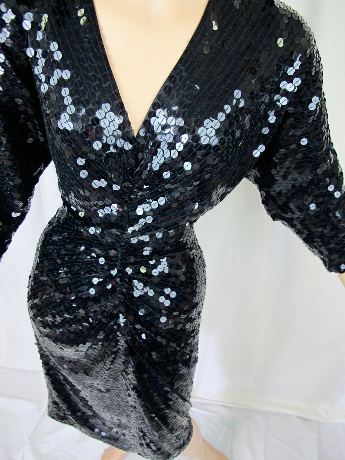 1980s Black Sequin Open Back Cocktail Dress