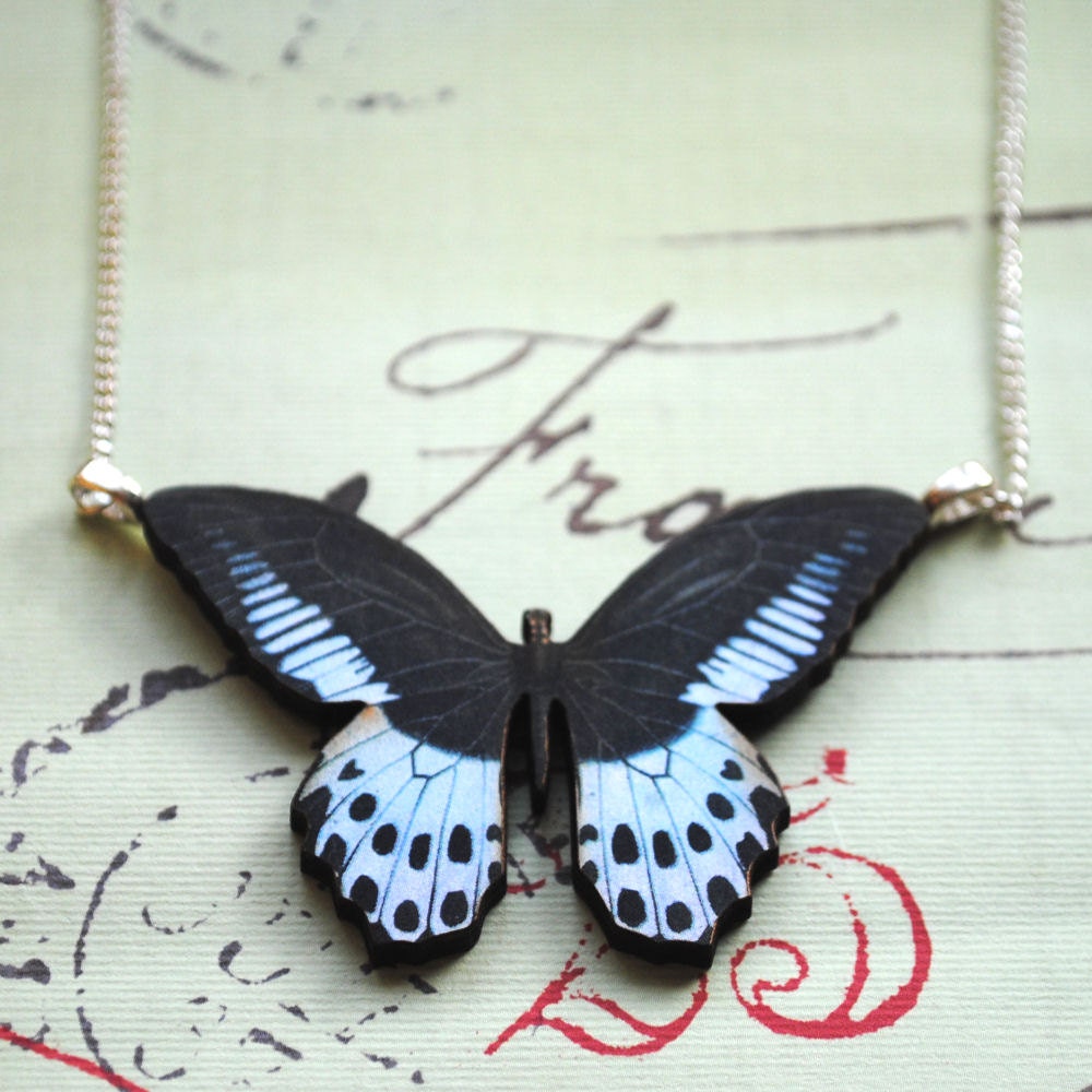 Pale Blue & Black Large Spotty Wooden Butterfly Necklace - Vintage Decoupage