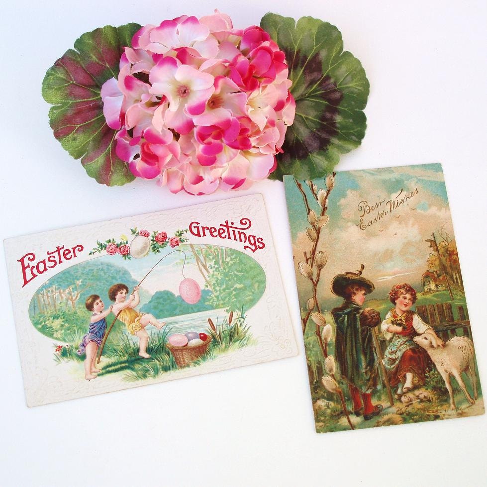 Vintage Easter Postcards, Antique Collectibles, German Cards / Kids / Fishing / Sheep