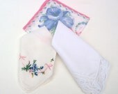 Hankies / Vintage Handkerchiefs / Ladies Accessories / White Lace, Blue, Pink,  Eco Wedding - Bridal Hankies