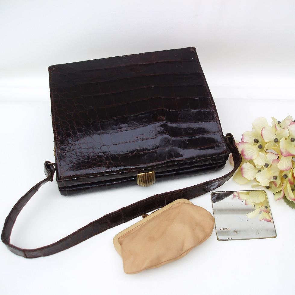 Alligator Purse  Kelly Bag, 50s 60s  Vintage Vassar  Chocolate Brown / Espresso