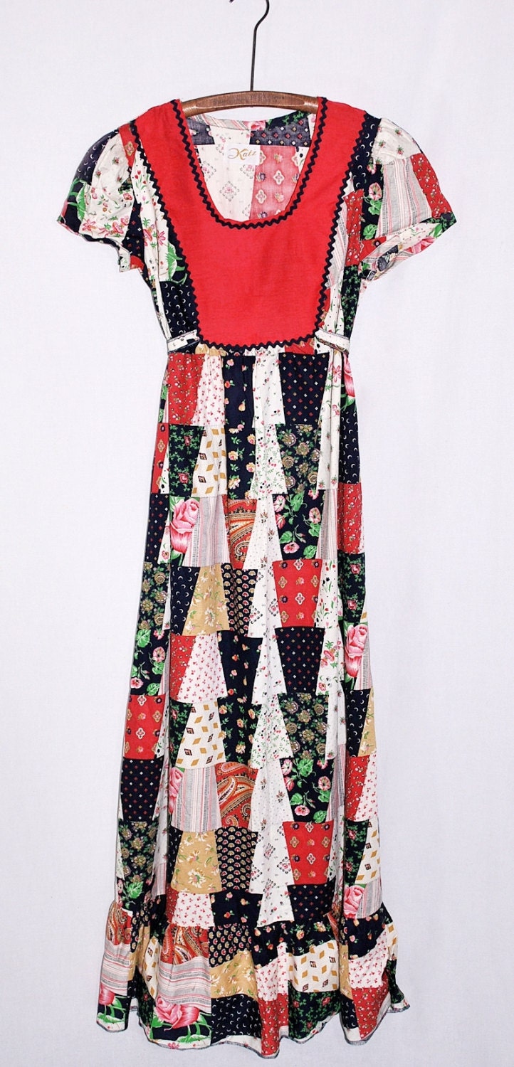 Vintage 60s 70s Maxi Dress Patchwork Calico Prairie Peasant S/M