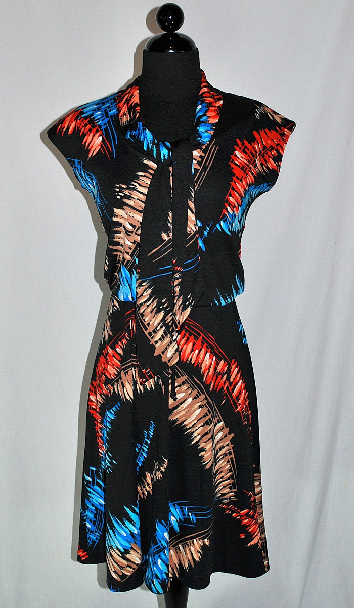 Vintage 70s 1970s Dress Disco Cap Sleeves Bow Neckline sz small