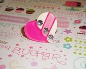 Pink & White Candy Stripe Rhinestone Resin Heart Ring
