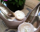 Allison- Champagne and Vintage Ivory Lace  Shoe Clips with Pearls... Bridal Wedding Flower Shoe Clips...