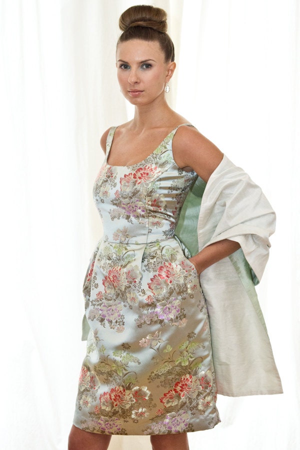 Lt. Blue Floral Brocade Scoopneck Retro Cocktail Dress
