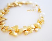DISCOUNTED Set of 3 Gold Plated Cherry Blossom Flower Bracelet, White Freshwater Pearls, Gold Bracelet, Bridesmaid Gift, Wedding Jewelry