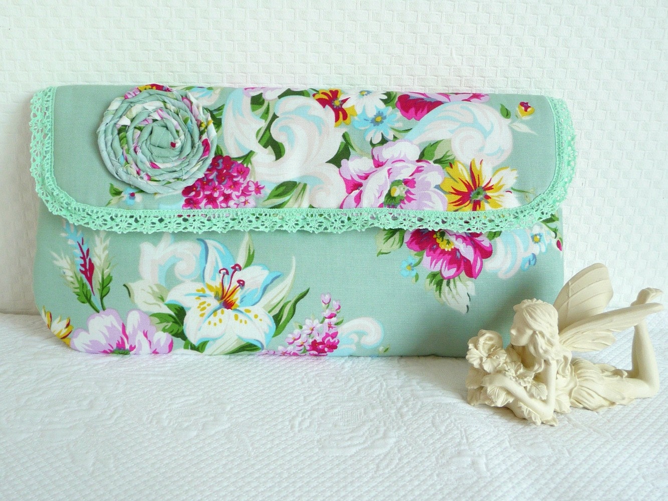 Floral Summer Clutch, Women's Purse, Mint Green, Pale Green, Rosette, Bridesmaid, europeanstreetteam,