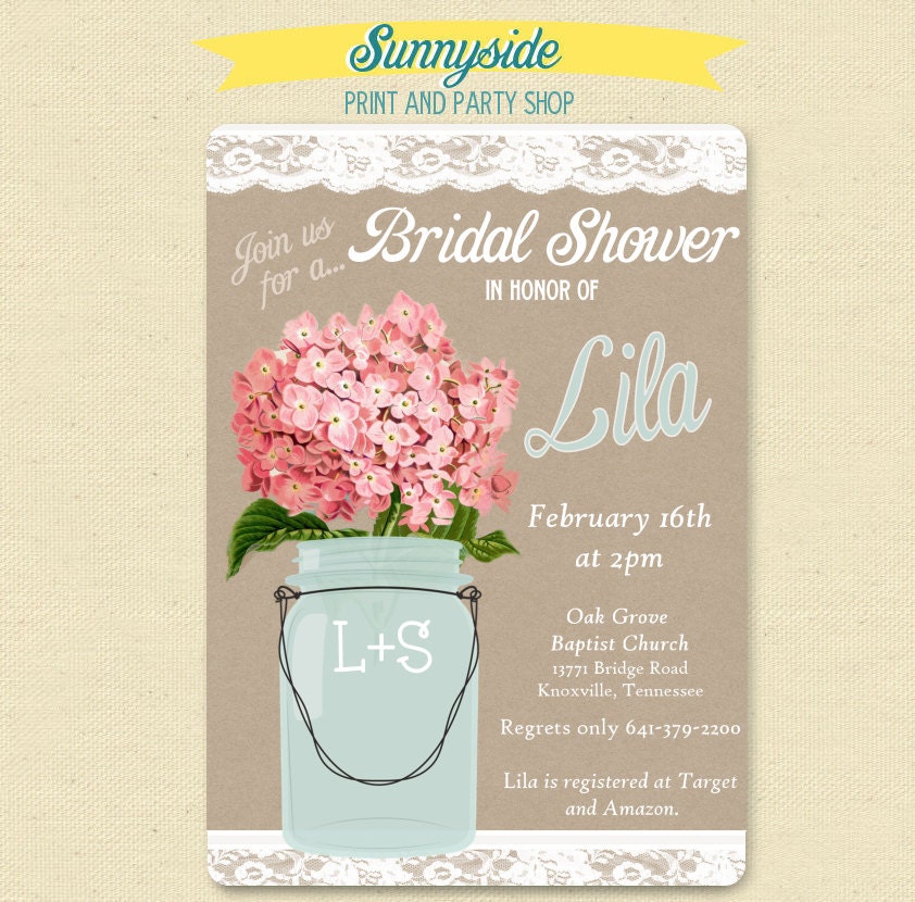 Lace Mason Jar - Pink Hydrangeas - Bridal Shower Party Invites - Printable