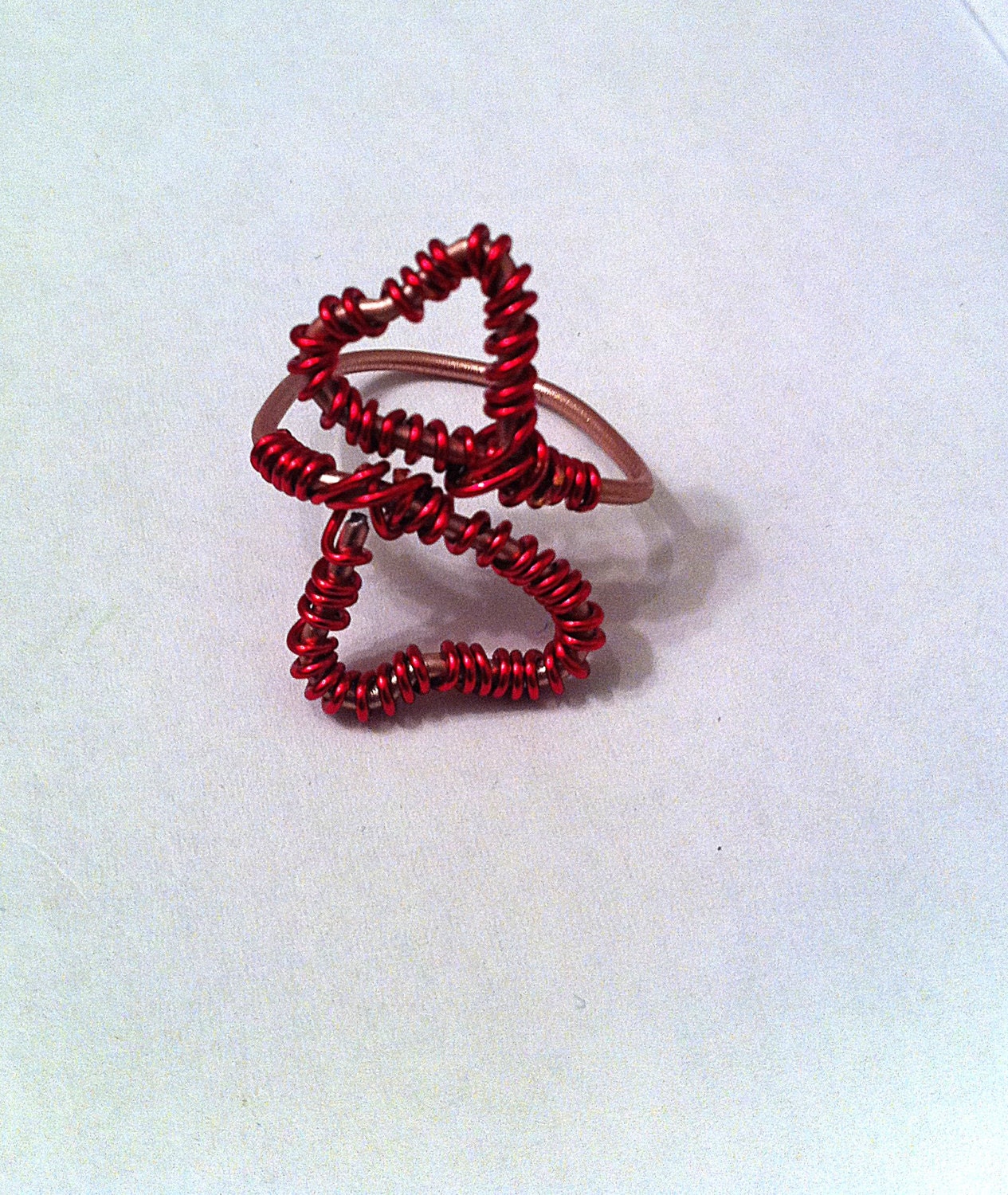 Cute pink double heart wire wrapped adjustable ring