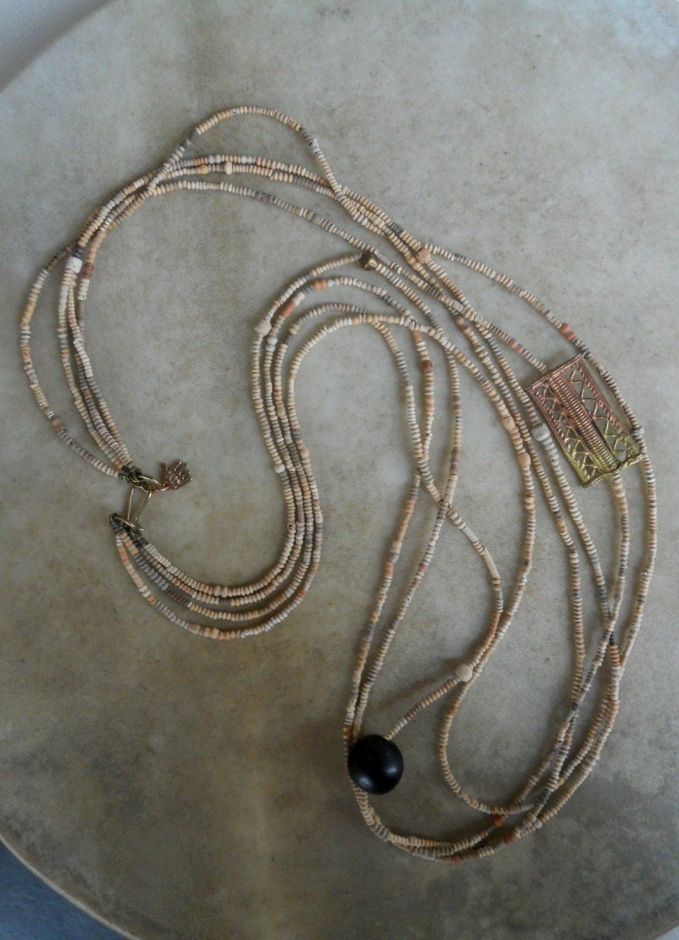 ooak AFRICAN TREASURE 4 STRANDS statement necklace antique clay beads Ghana Ashanti baule brass ebony