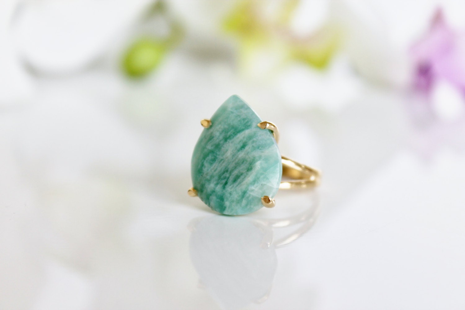 rare amazonite ring,teardrop ring,pear ring,gold ring,gemstone ring,statement ring,sky blue ring,birthday gift
