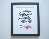 Fishes Linocut - Original Print - Lino Print - Hand Pulled Print - Black and Red