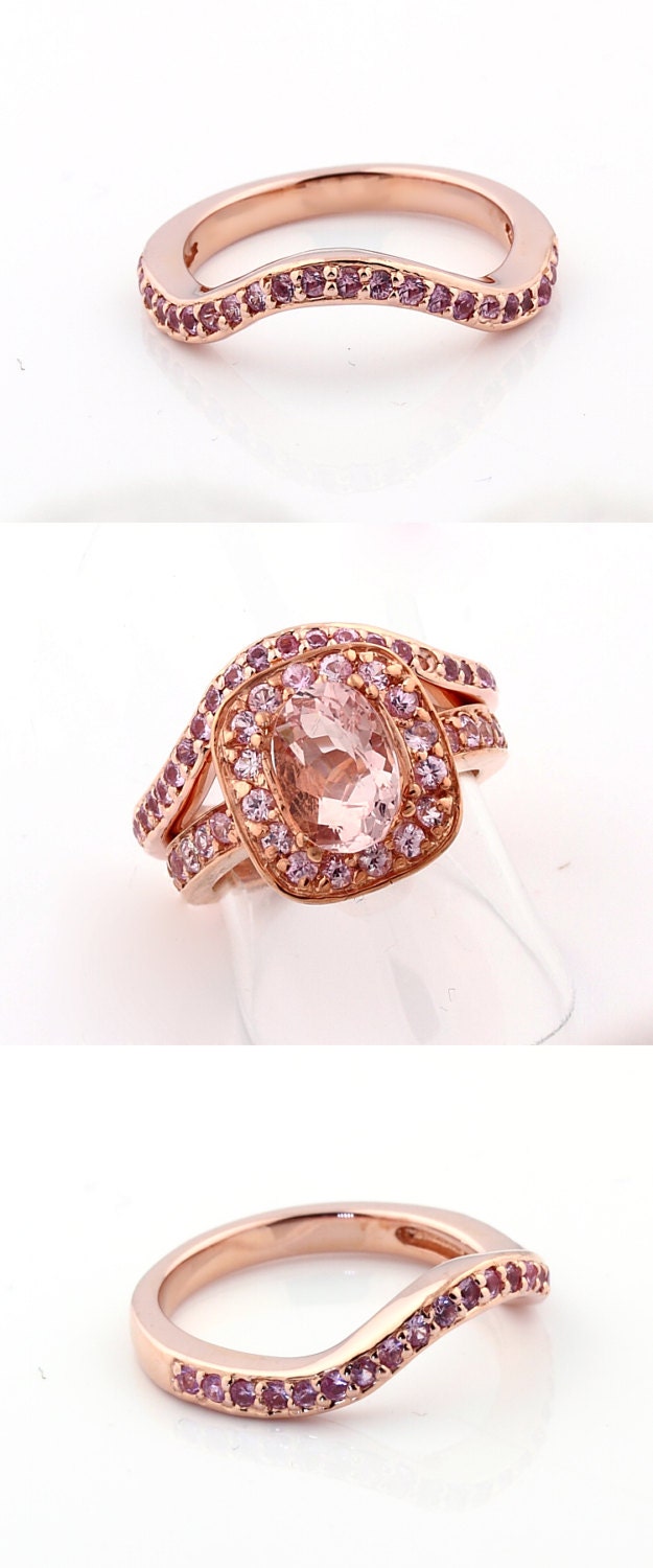 Natural  Morganite Solid 14K Rose Gold pink sapphire engagement Bridal Ring set