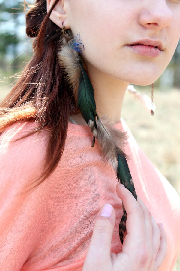 Feather Earrings - Brown Rooster with Silver Chain