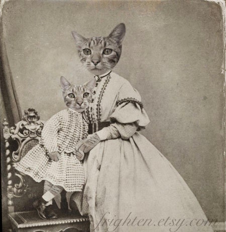 Mother's Day Cat Art Print, Tabby Cat Family Portrait, Altered Victorian Antique Photo of Mother and Son, Mixed Media Collage