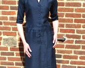 Vintage 50s / Jonathan Logan / Navy Blue / Silk / Drop Waist / Ruched Back / Pencil Skirt / Cocktail Dress / Wiggle Dress