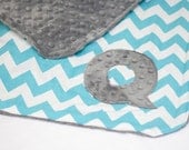 Custom Initial Car Seat Security Blanket Aqua Chevron and Grey Minky