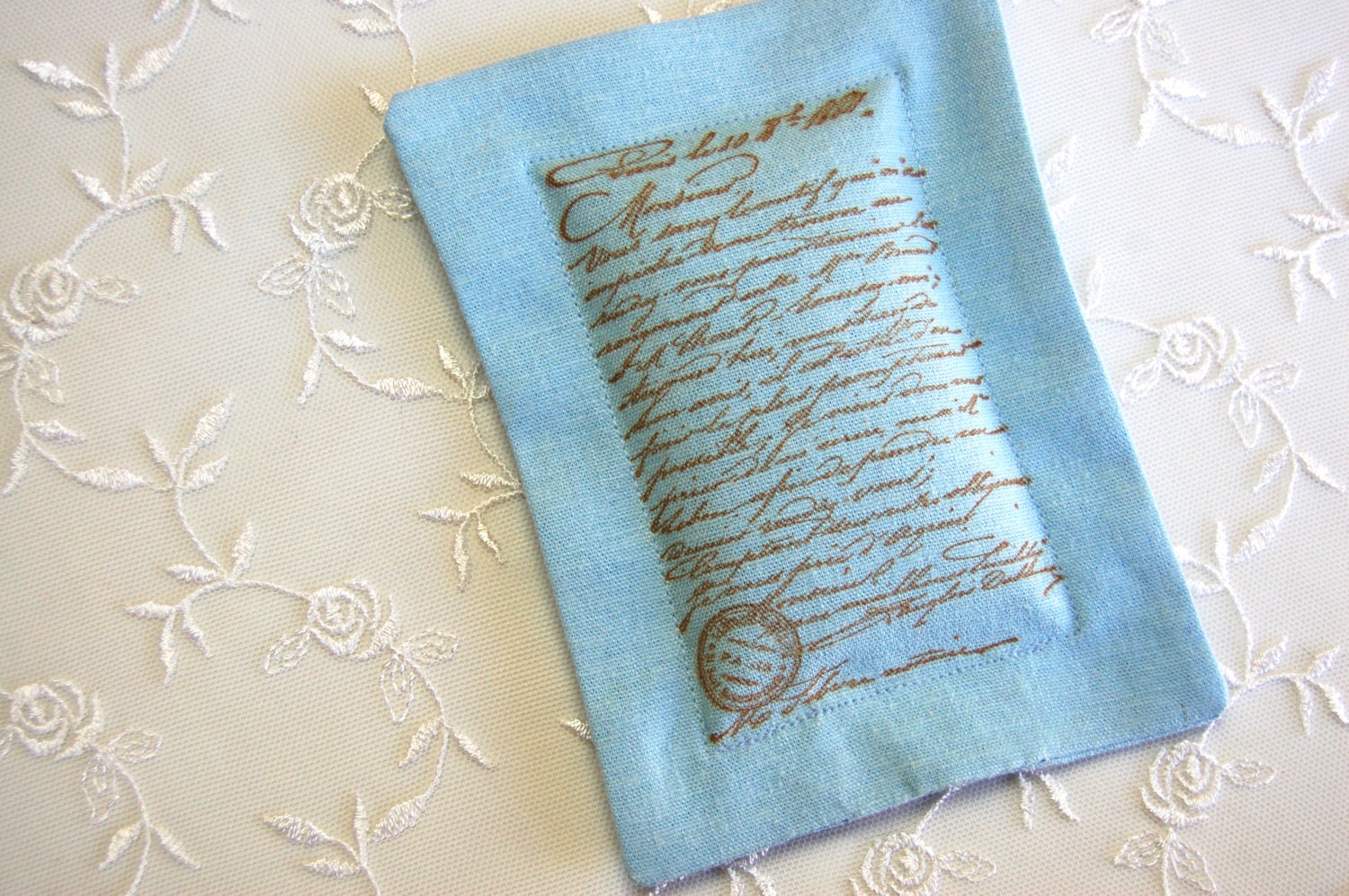 Lavender Sachet w/ Old World Script on Soft Blue Linen (Gifts under 10 dollars) Fresh Dried Lavender/ Paris/ French Script
