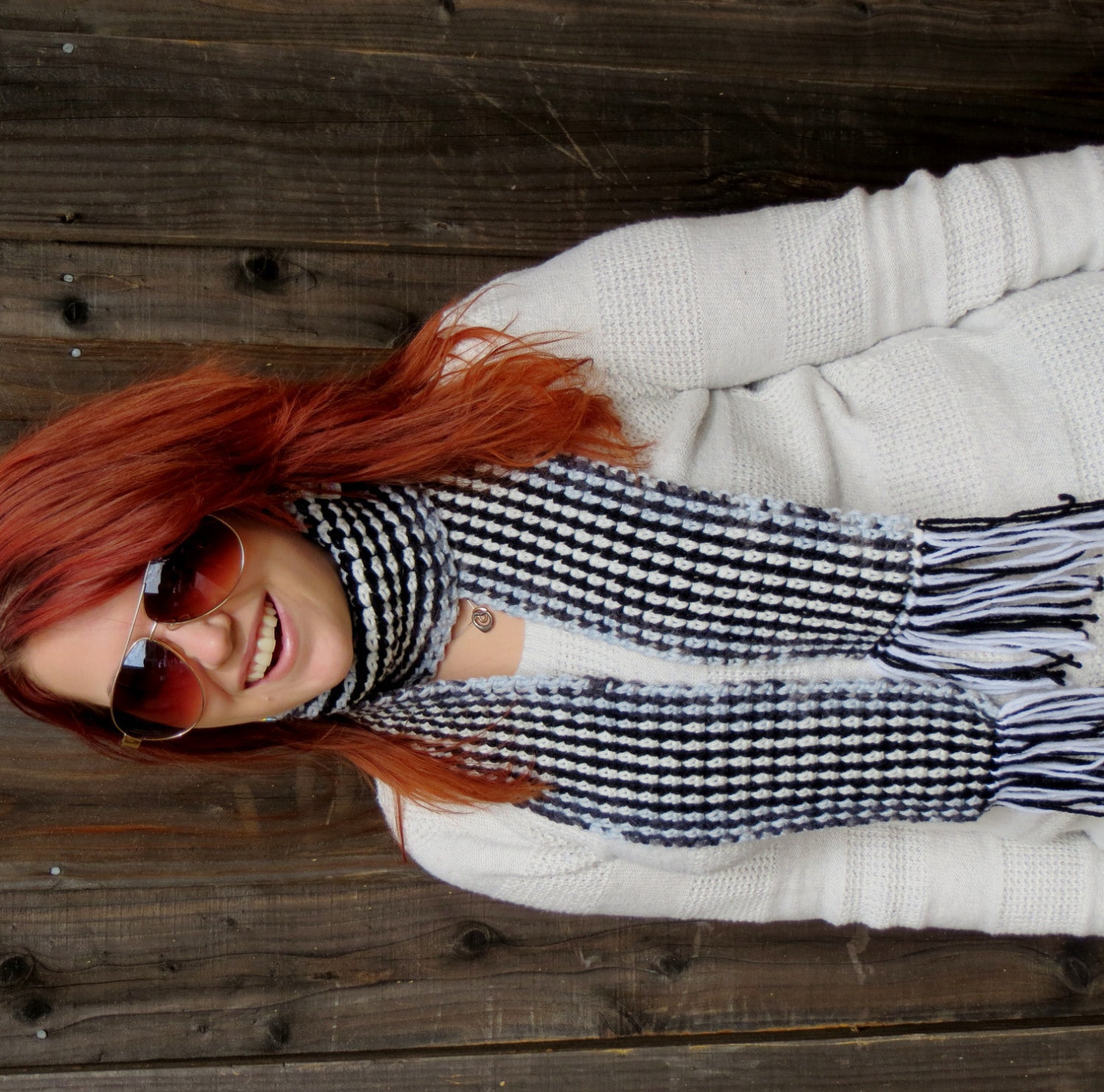 Long Scarf, Black and White Zebra (crochet scarf with fringe)