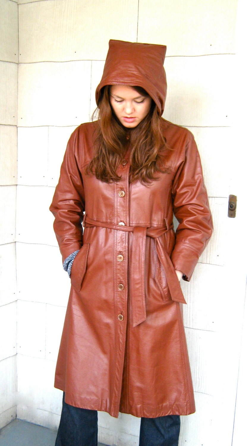 Vintage Caramel Leather Hooded Trench