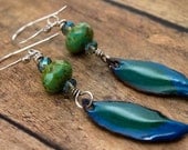 Metal & Glass Alchemy-Blue-green enamel leaf earrings-Sterling silver earwires