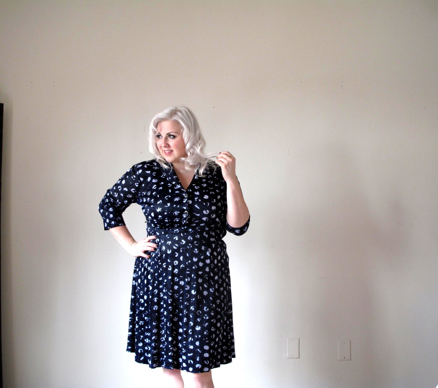Navy sky and white moon - button down - Vintage Dress- plus size-xxl