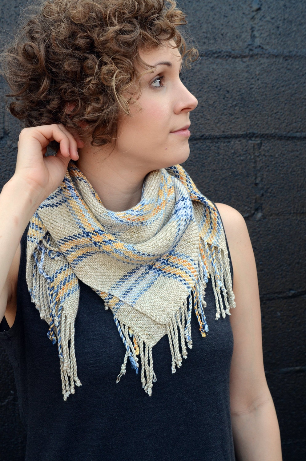 Handwoven and Hand-dyed Square Beige, Blue, and Orange Tartan Scarf