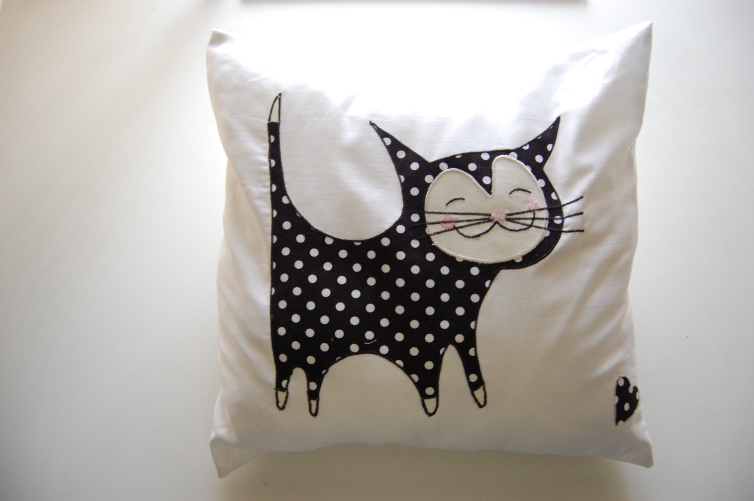 Happy Black Cat Pillow/Cushion with small Appliqued heart