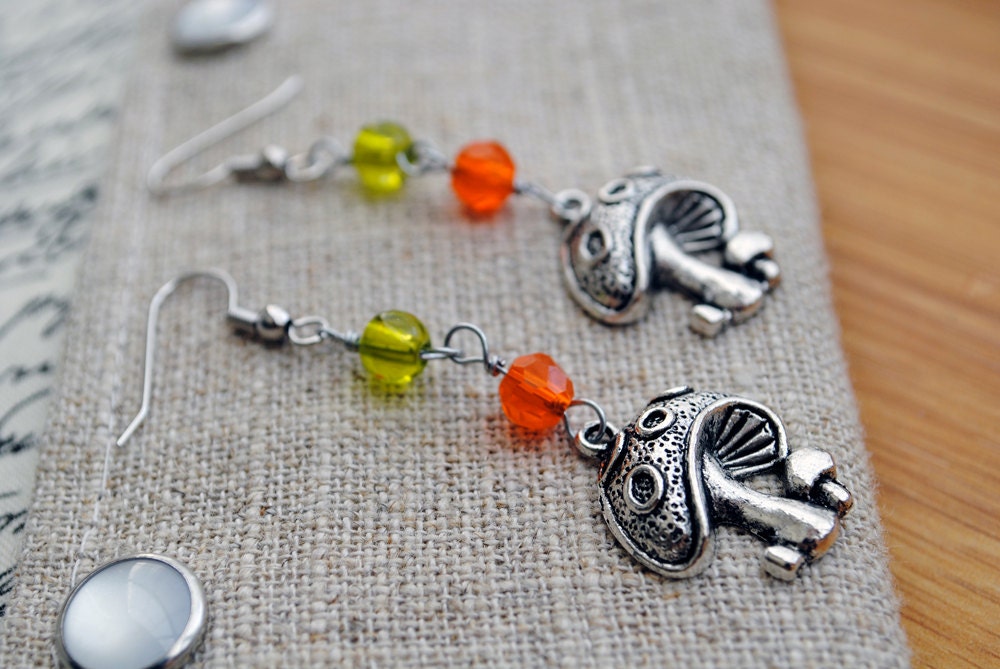 Mushroom Earrings Green and Orange Glass Beaded Jewelry