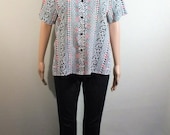 ON SALE Vintage Oversized Short Sleeve Spring Summer Collared Shirt Blouse / Black, White and Red Tribal Pattern / Size S - M - L