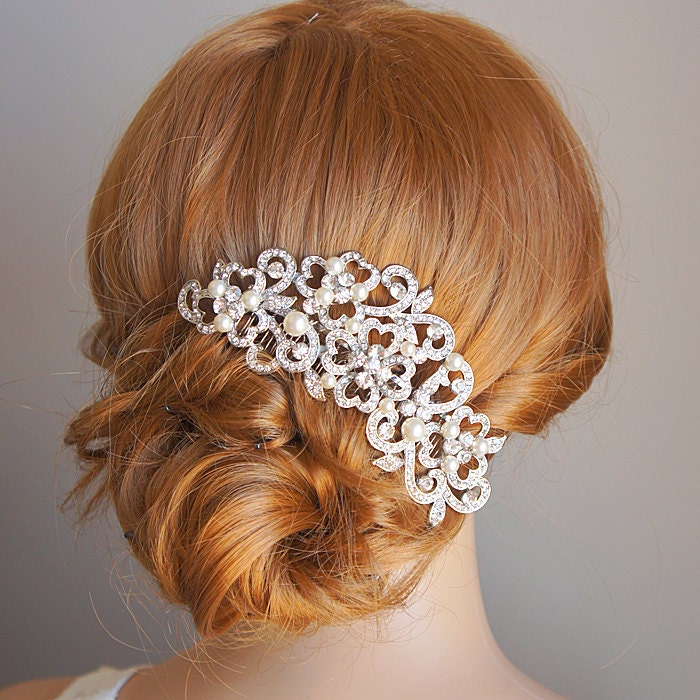 PERRINE, Victorian Style Wedding Hair Comb, Ivory or White Pearl and Rhinestone Bridal Hair Comb, Flower Crystal Wedding Hair Accessories