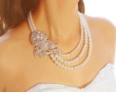 SHYLA, Vintage Inspired Wedding Bridal Pearl Necklace, Rhinestone Bridal Necklace, Flower Wedding Necklace in White or Ivory, Bridal Jewelry