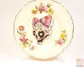 Vintage Butter Plate with a Pink Sugar Skull Illustration