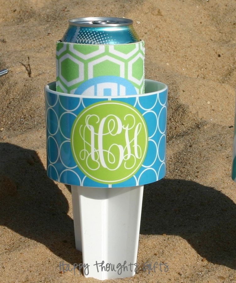 FOUR Monogrammed Beach Drink Holder and Coordinating Koozie SETS