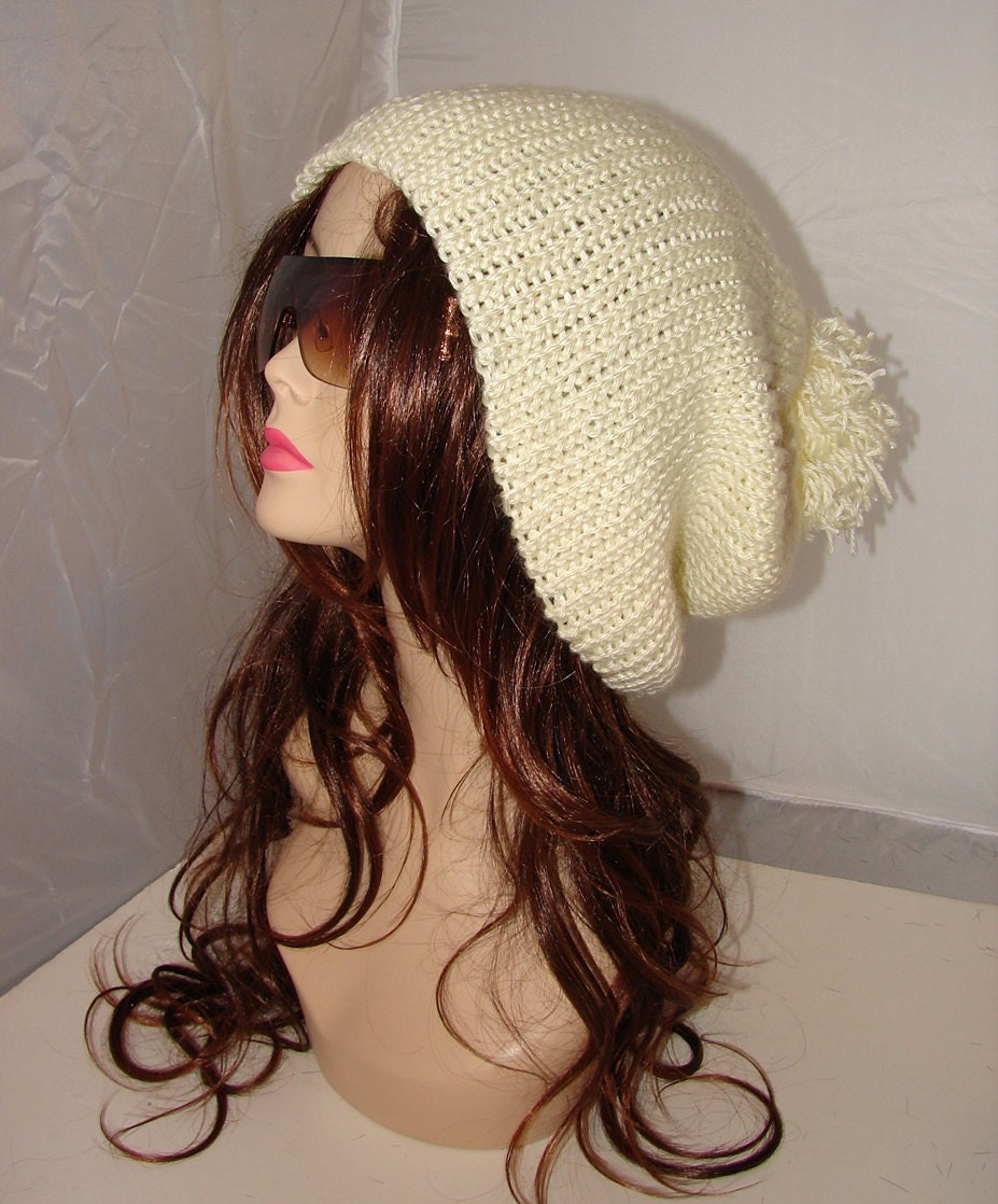 CHS-11 Crochet Oversized Slouchy Beanie Hobo style Cream White Hat Super soft acrylic