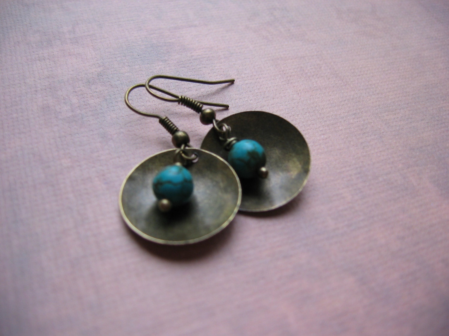 Turquoise Earrings - Turquoise Gemstone Domed Brass Disc Earrings - Gemstone Metalwork Earrings - Handmade Artisan Jewelry