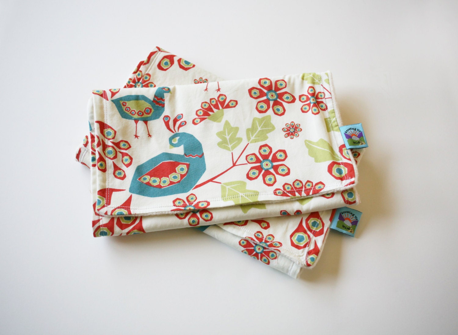 Set of Two Organic Peacock Burp Cloths - Organic cotton with organic fleece backing Eco Friendly Baby Shower Gift