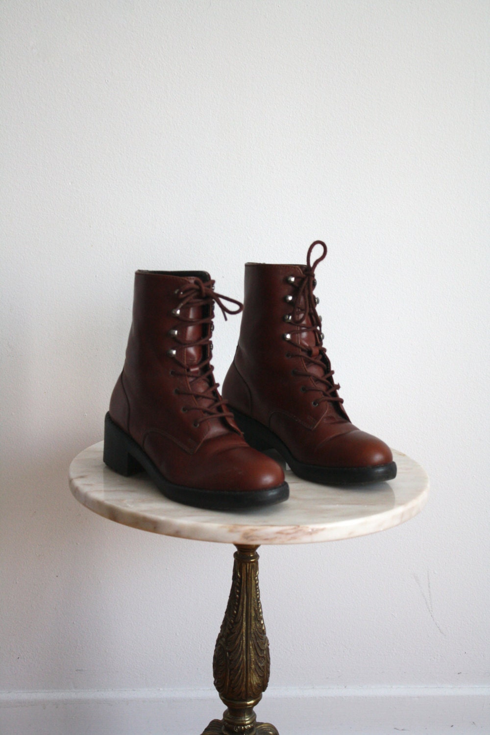 Boots Lace-Up Brown Leather PLAID - Women's 5.5 6 - 1980s VINTAGE