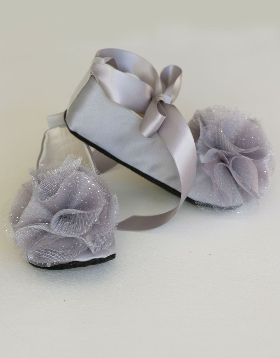Silver Grey Satin Toddler Shoe - Couture Ballet Slipper - Flower Girl Ballet Flat - Satin and Tulle - Baby Souls Baby Shoes