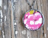 Pink Flower Necklace Vintage Fabric Pendant Handmade Jewelry