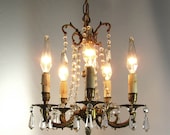 Vintage Chandelier Crystals Brass 5 Lights Original Ornate Prisms Made in Spain