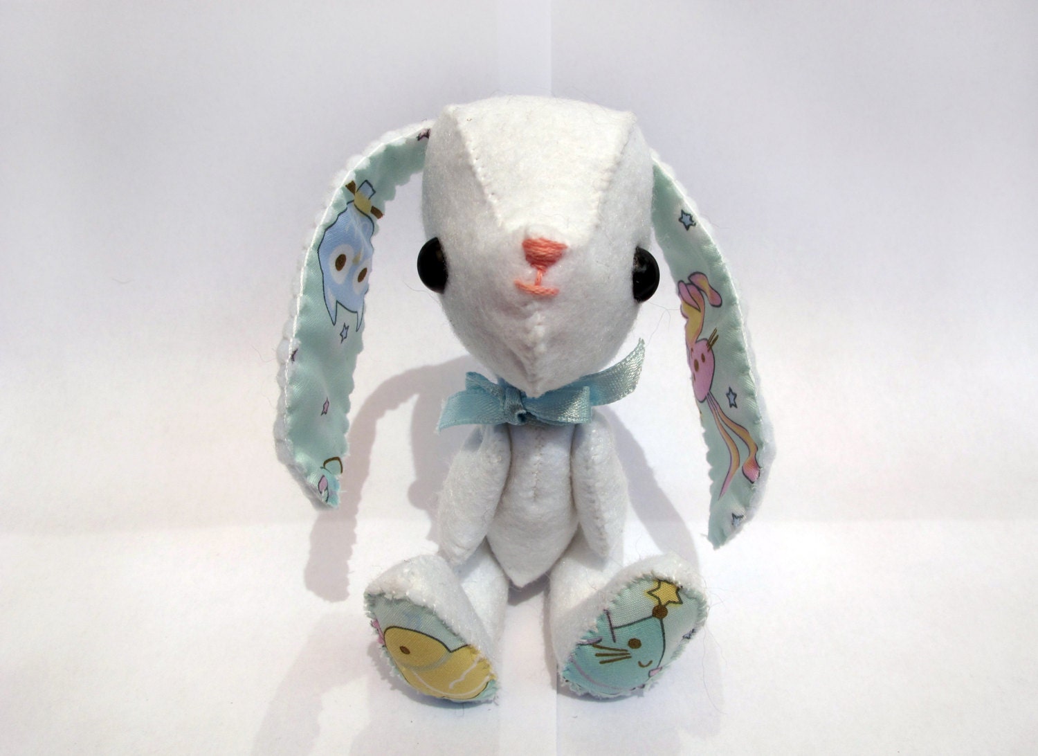 Sweet White and Blue Patterned Nursery Fabric Felt Plush Easter Bunny Rabbit
