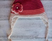 Red Ombre color Crochet Beanie with crochet Flower   2T-3T  Size ready to Ship