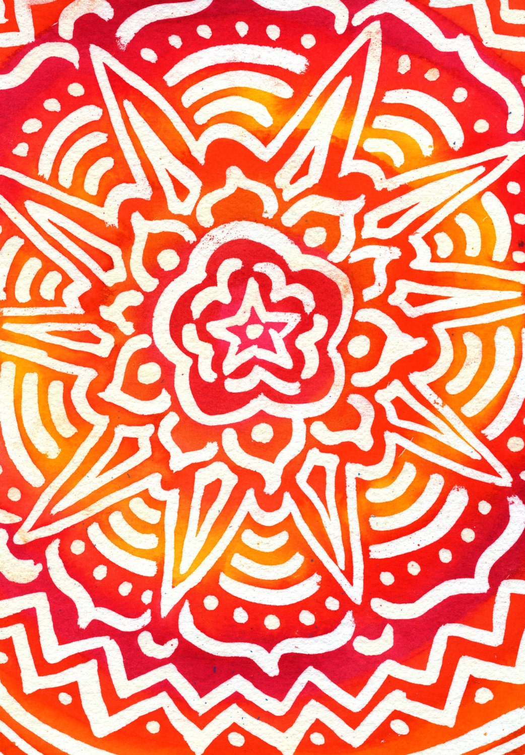 Samsara Scarlet Print (Psychedelic Red Orange Yellow Flame and Pure White Buddhist Spiritual Watercolor Painting)